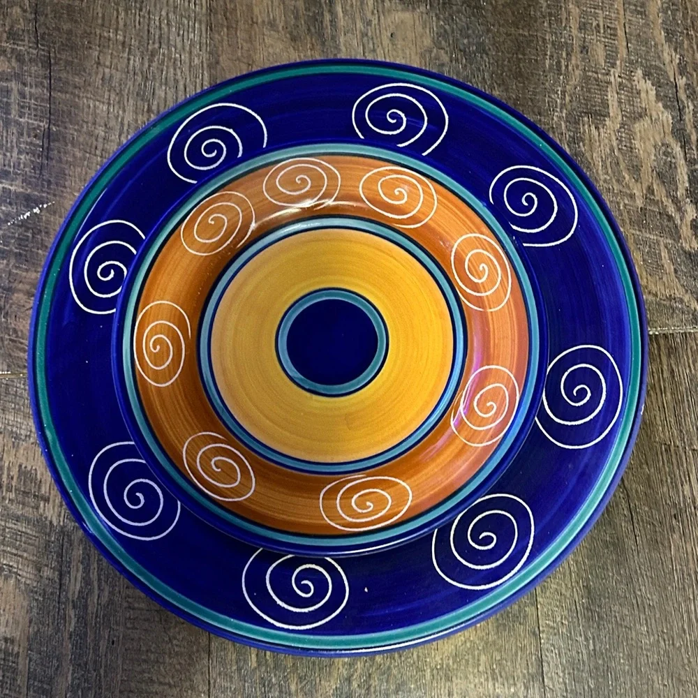 Pier 1 Italian Swirl Dinner Plate Hand Painted Cobalt Orange 11.5